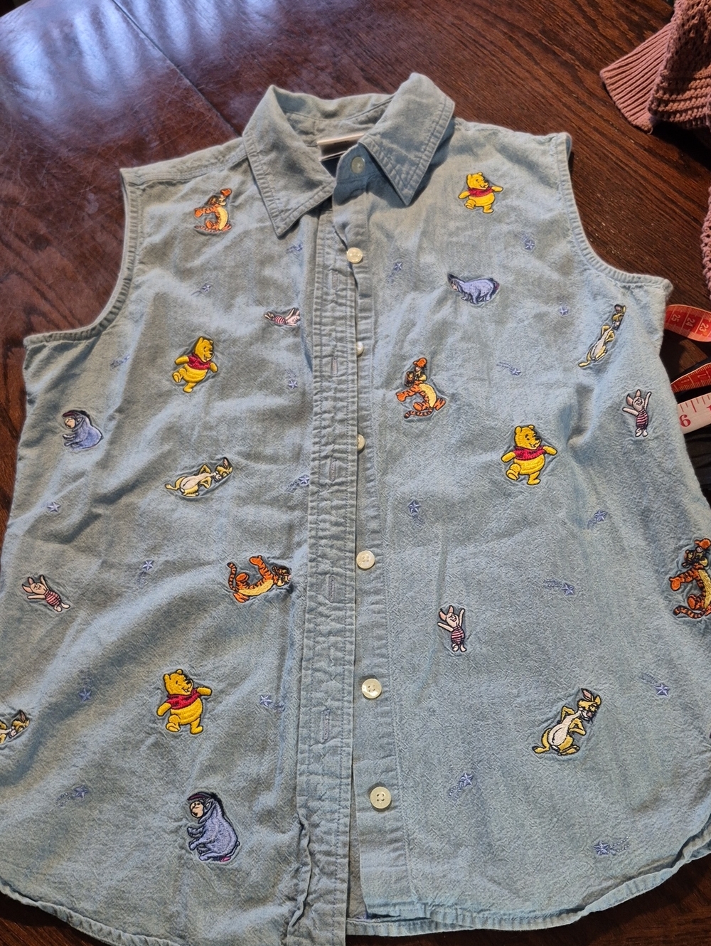 Vintage Kids Sleeveless Embroidered Pooh Denim Shirt - Light Blue